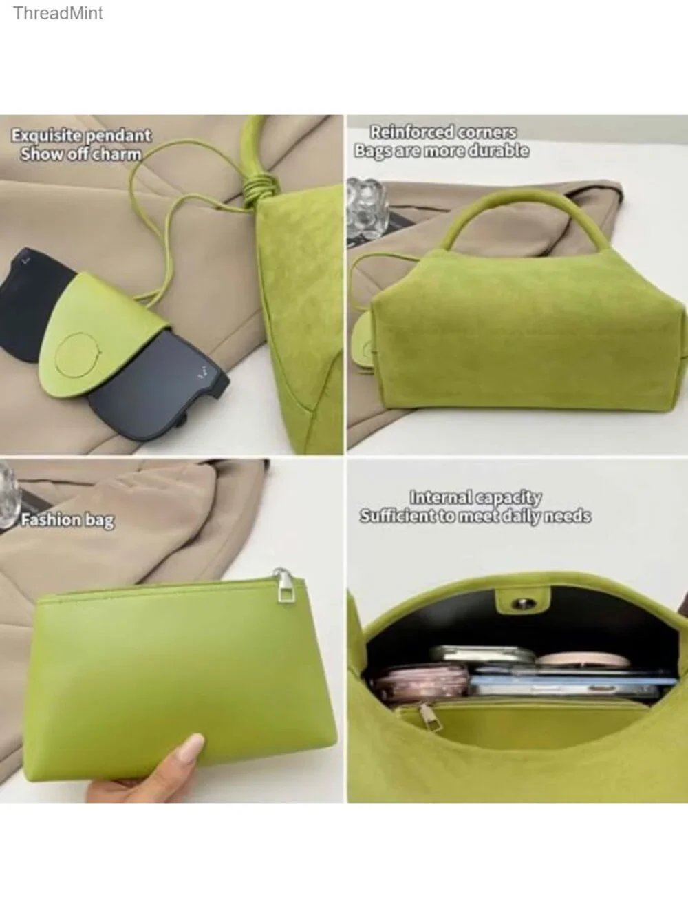 Suede Faux Leather Top Handle Satchel Hobo Purse Set with Zipper